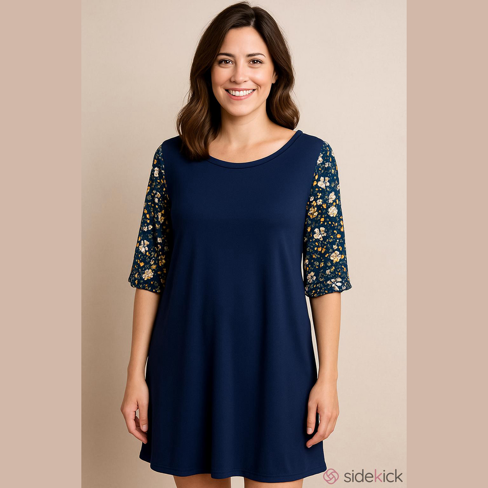 Navy Dress with Floral Sleeves XL Extra Large
